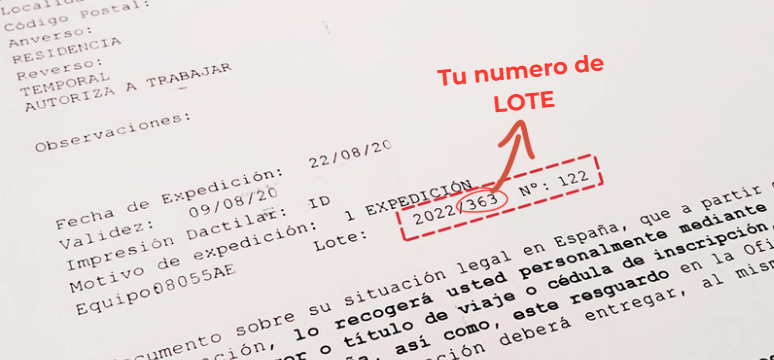 Lotes NIE: dónde está el número de lote en el resguardo de la toma de huellas (ejemplo Lote 2022/363)