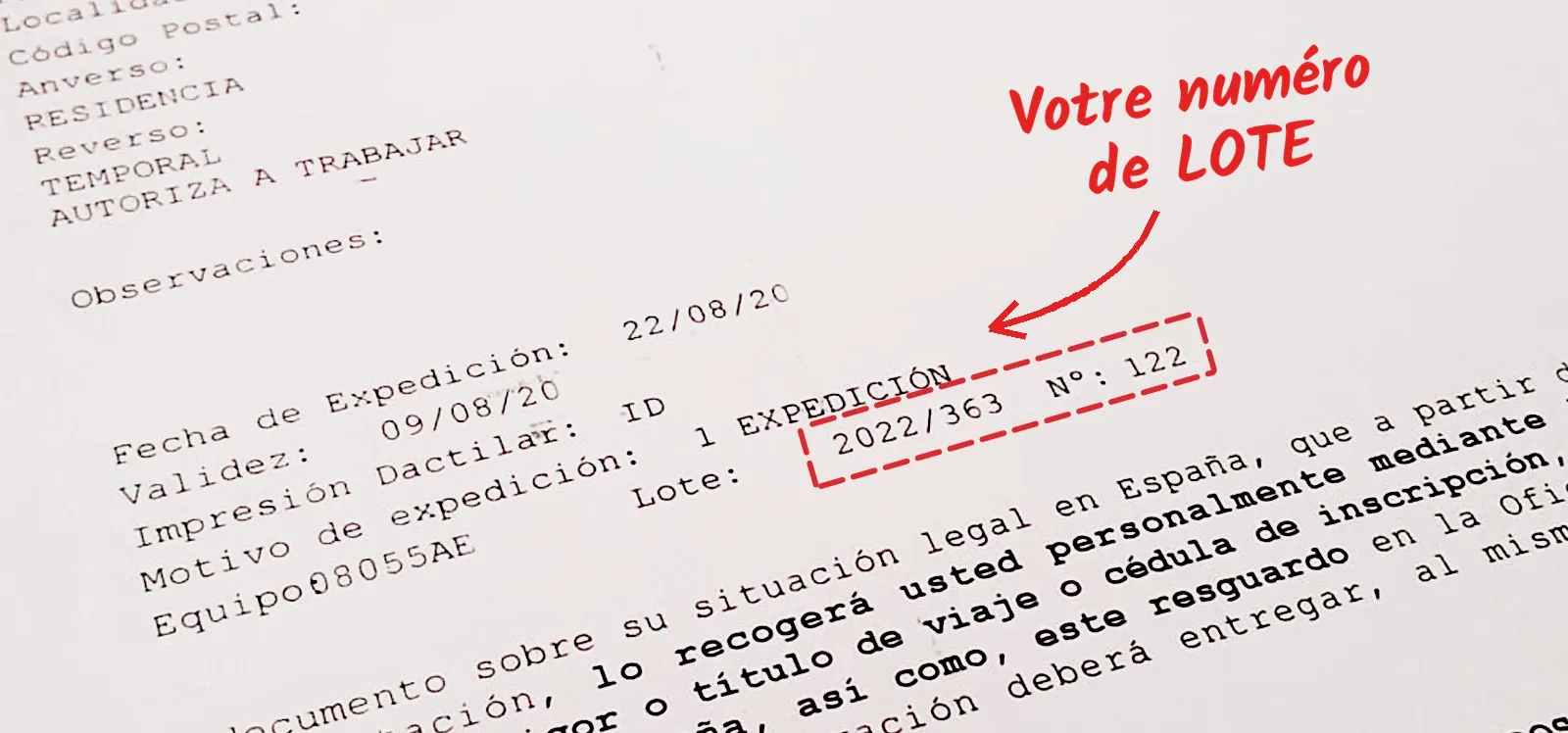 Récépissé d'empreintes TIE indiquant le numéro de lot 2022/363