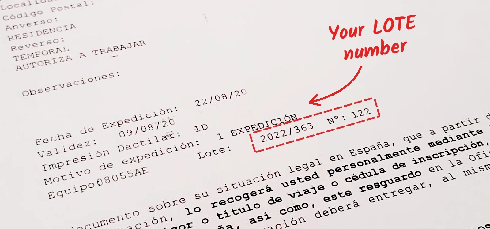 TIE fingerprinting receipt showing the lote number 2022/363
